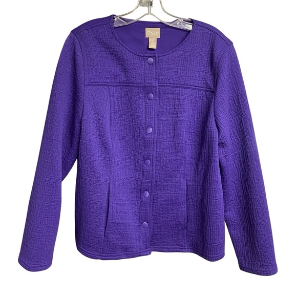Chico's Vibrant Purple Women's Blazer Size L Snap Front Collarless Career Office - Picture 8 of 11